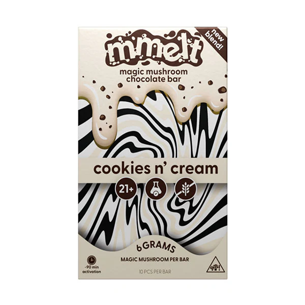 Mmelt magic mushroom chocolate bar packaging in cookies n' cream flavor, 6 grams, 10 pieces, 21+ product.