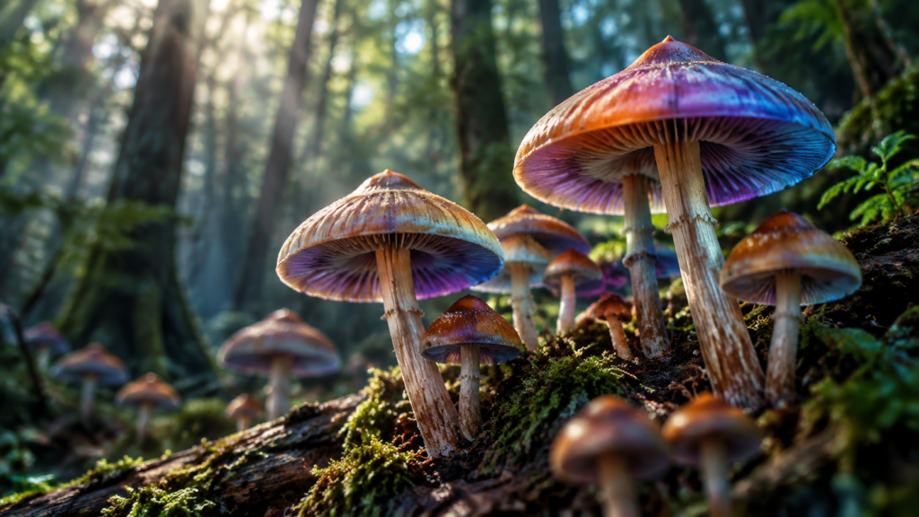 Psychedelic mushrooms and fungi representing mushroom science and research education